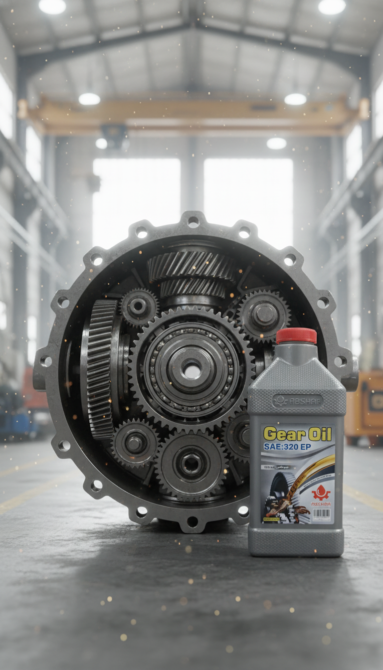 تصویر واسکازین 320EP آبشار در کنار گیربکس صنعتی بازشده با نمایش چرخدندهها